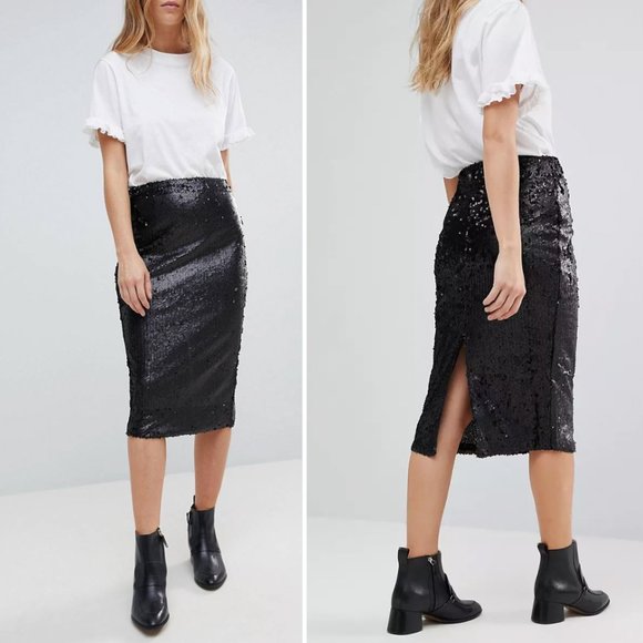 MINKPINK Bordeaux Black Sequin Paillette Rear Vent Midi Pencil Skirt Size XS NWT - Picture 1 of 6